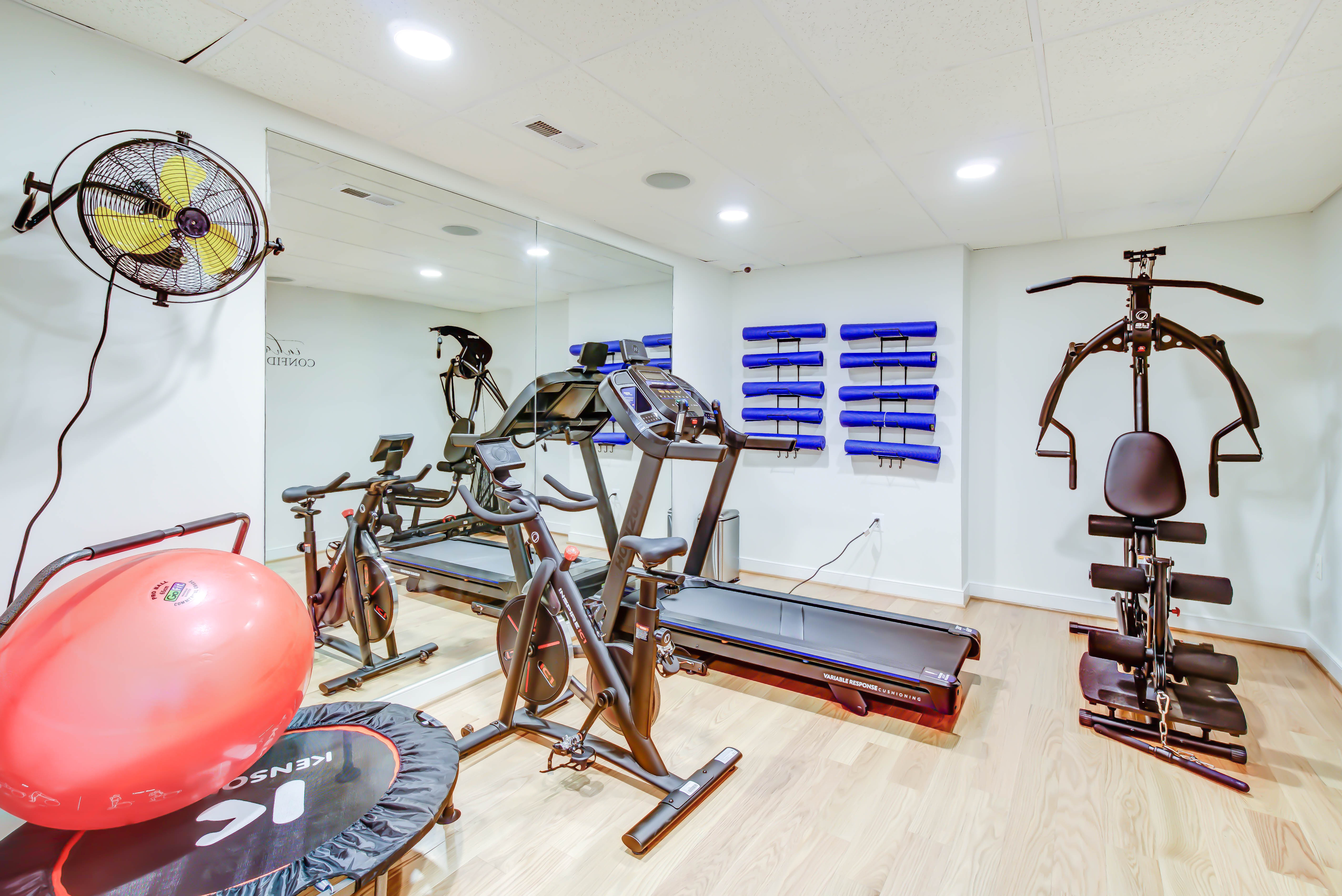 Home gym with treadmill, bikes, weights, and yoga mats