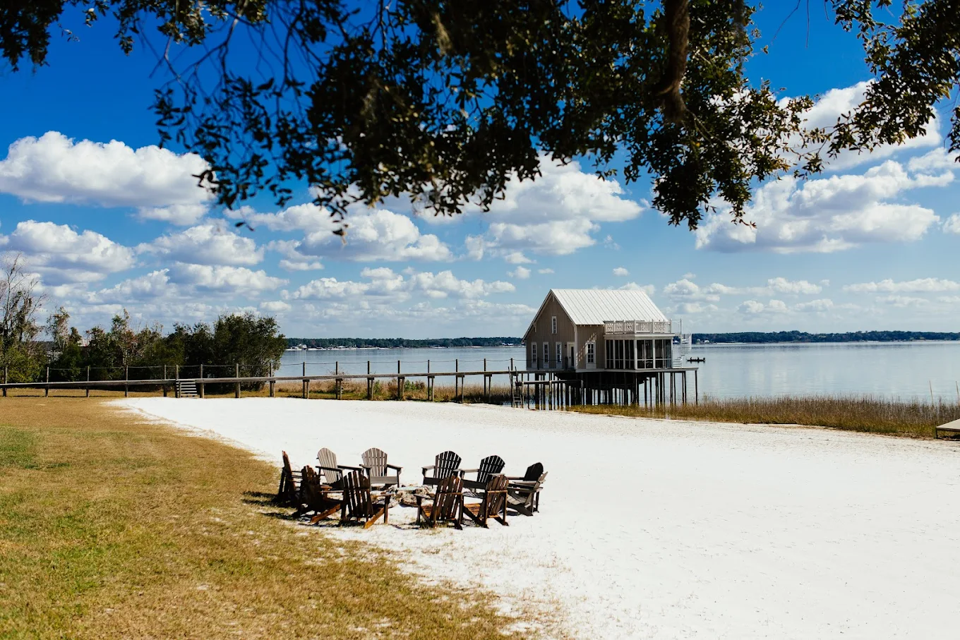 Fire pit seating area overlooking the lake