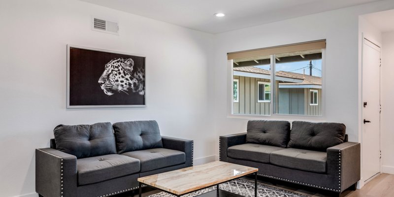 A modern, cozy living space with two plush gray couches, a sleek marble coffee table, and a striking black-and-white leopard artwork on the wall.