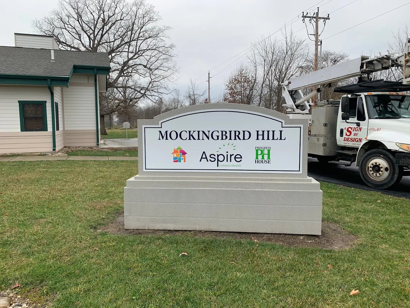 Mockingbird Hill entrance sign at Aspire Indiana Health, Anderson, IN