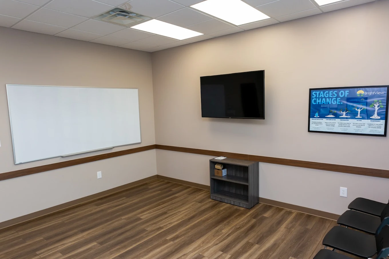 BrightView Danville group room with whiteboard, television, Stages of Change poster, and seating