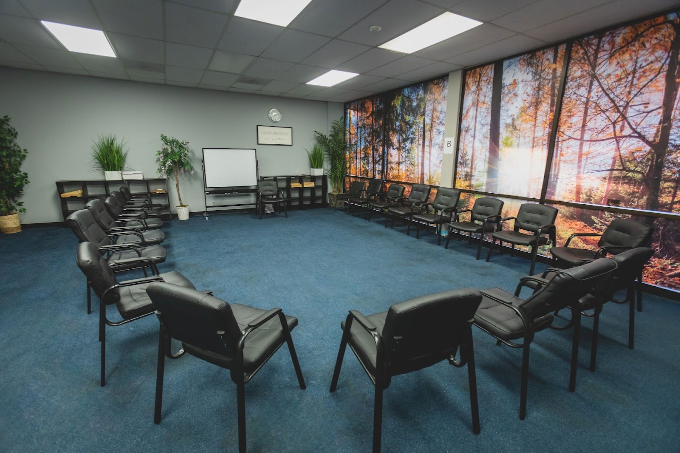 Group therapy room with chairs and whiteboard.