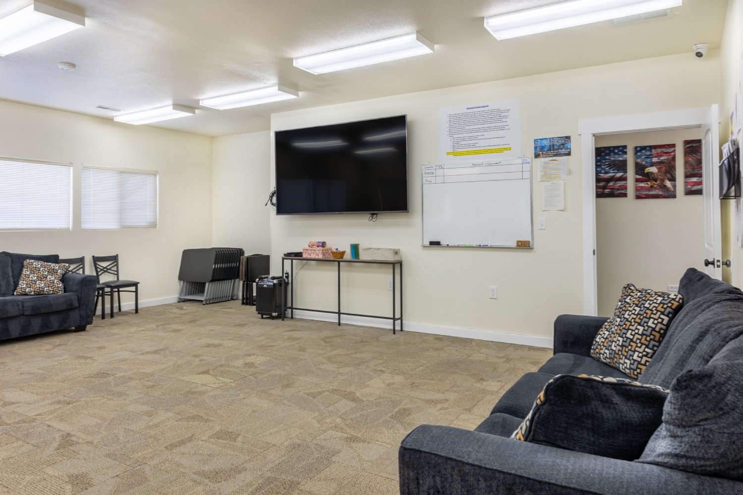 Meeting room with a large TV, whiteboard, and couches