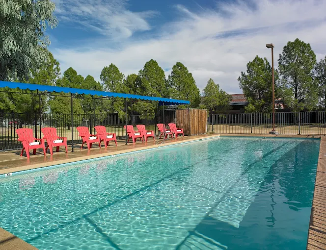 Outdoor swimming pool with lounge chairs and canopy