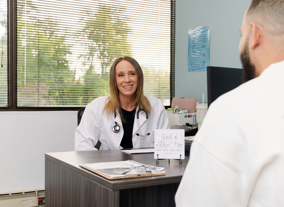 Doctor speaking with a patient during a consultation in her office.