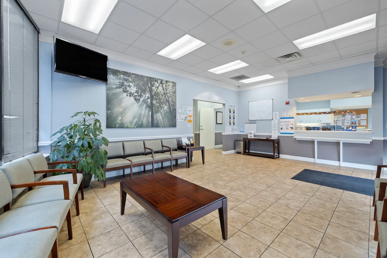 Reception lobby with seating and check-in desk