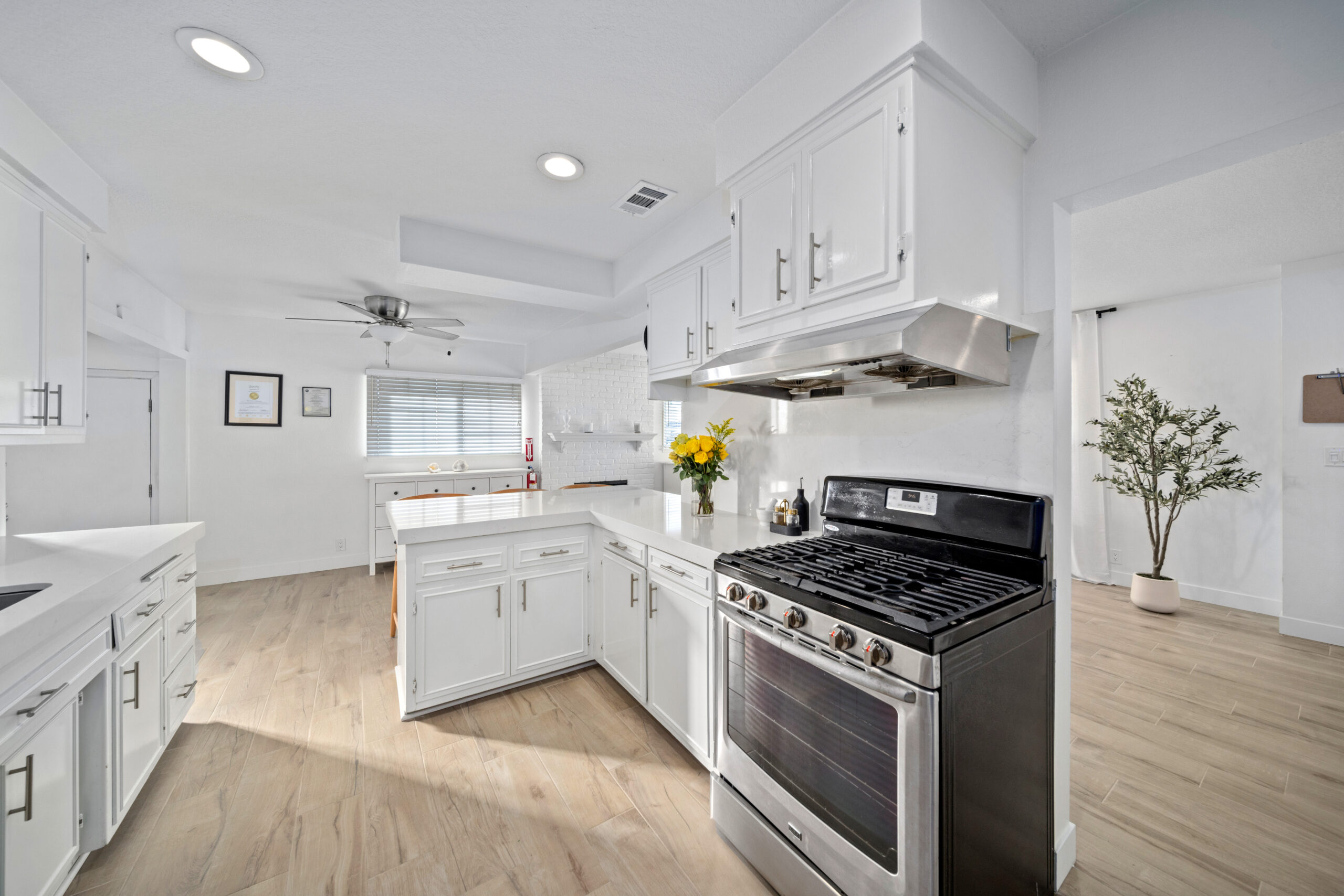 White kitchen with modern appliances and island counter