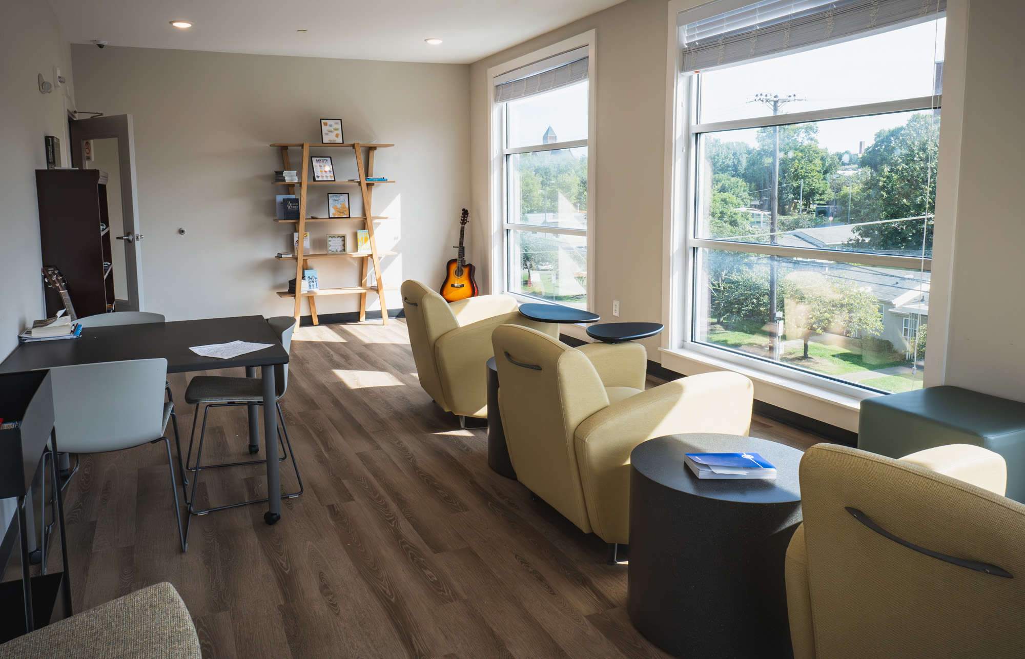 Bright room with chairs, guitar, bookshelves, and large windows