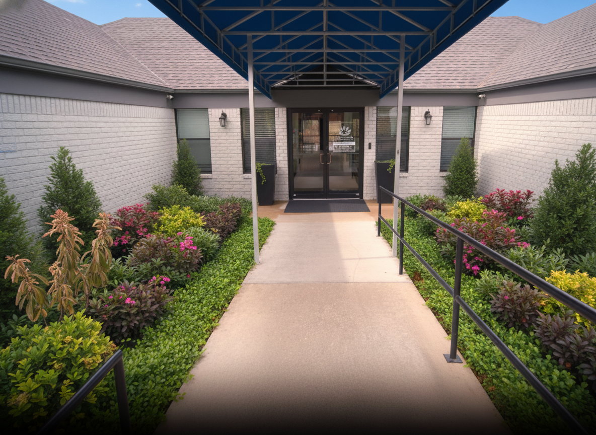 Walkway leading to facility entrance with lush landscaping.