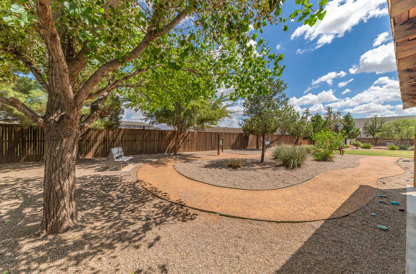 Walking trail surrounded by trees and landscaped grounds