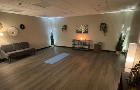 Meditation room with yoga mat and calming décor