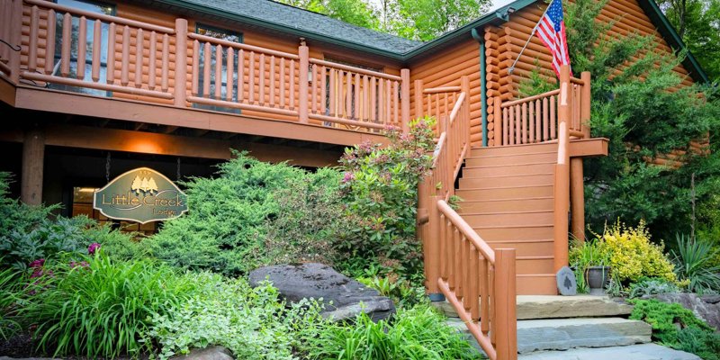 Charming log cabin with a welcoming staircase and lush greenery, featuring an American flag and a sign reading "Little Creek Lodge."