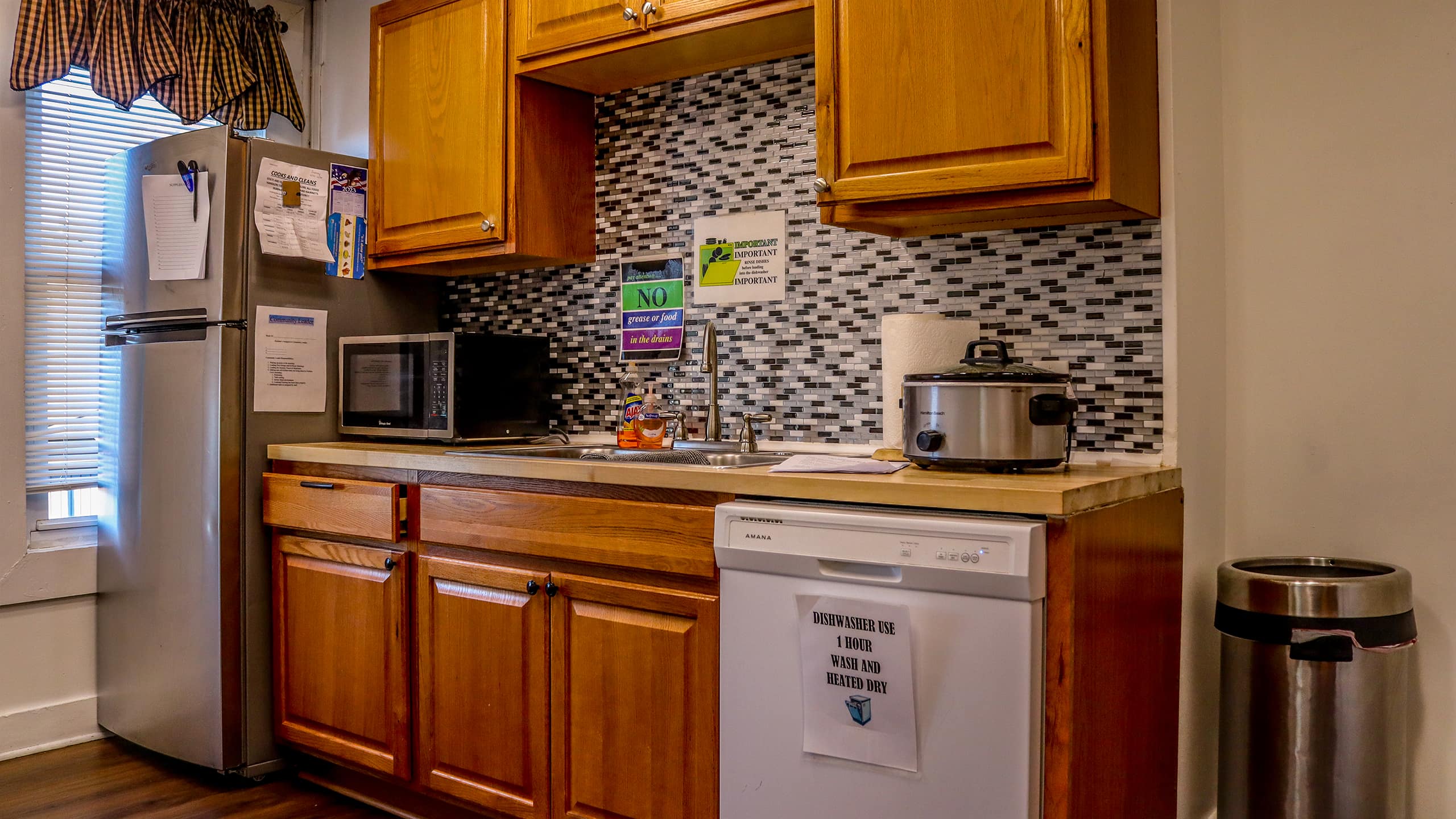 Kitchen with microwave, fridge, and slow cooker on counter