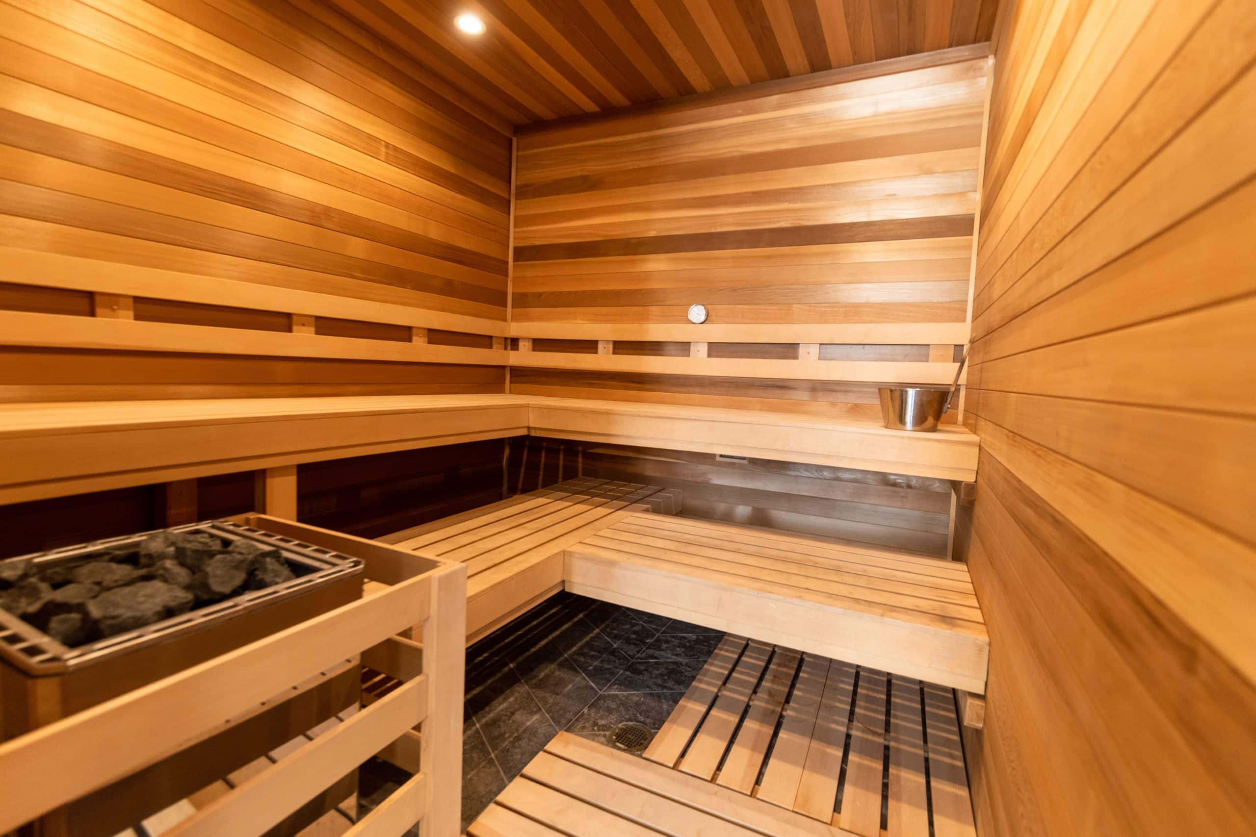 Wood-lined sauna room for relaxation and wellness