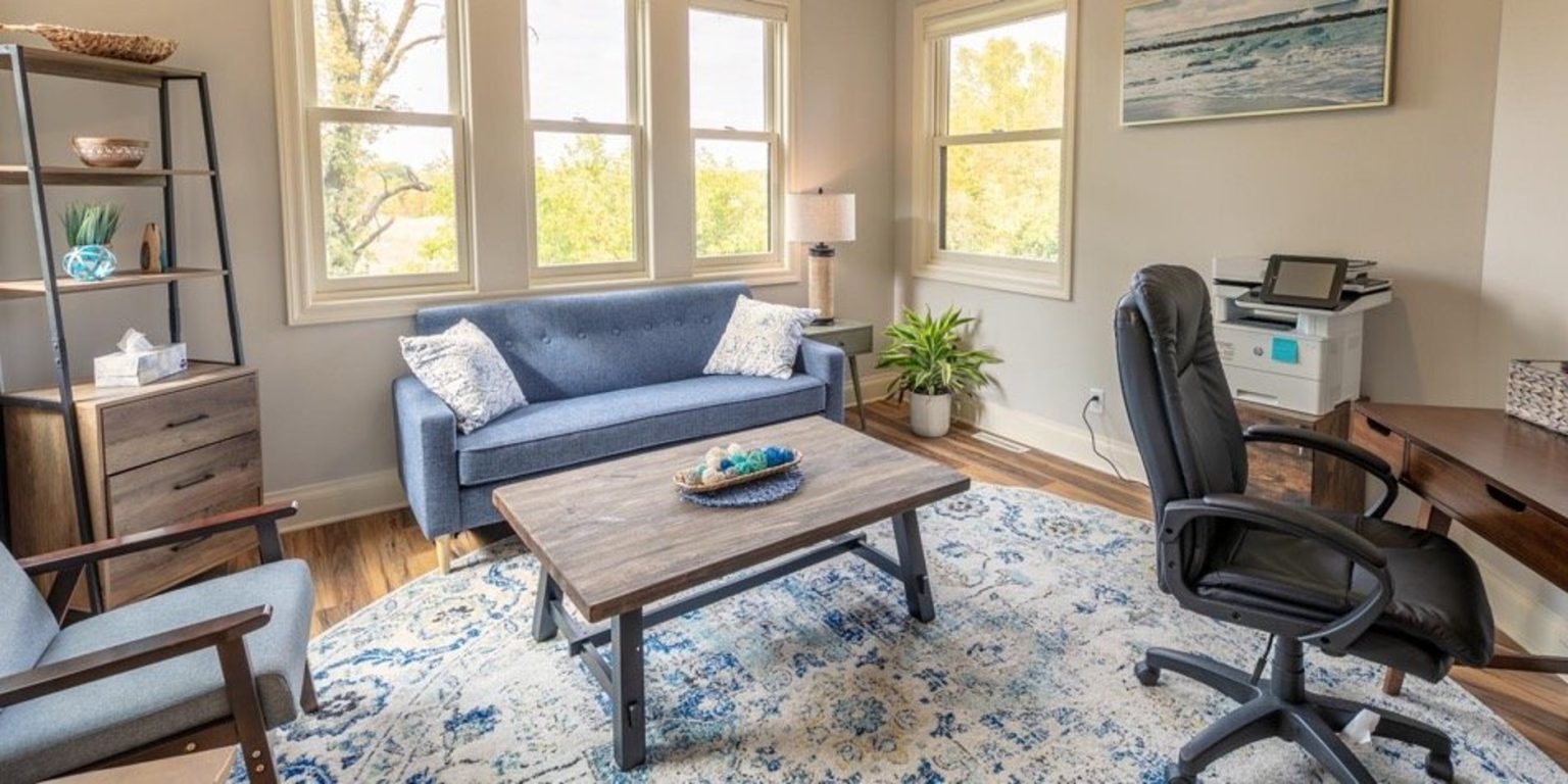Counseling office with sofa, desk, and armchairs