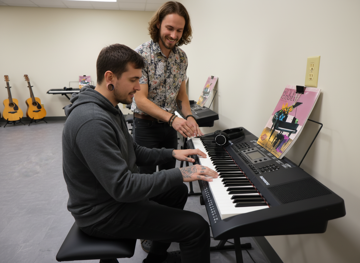 Instructor guiding a patient playing keyboard during music therapy.