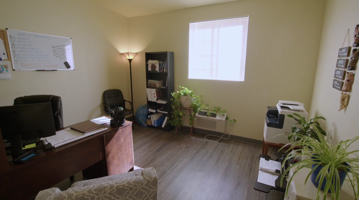 Office with desk, computer, plants, bookshelf, and bright window