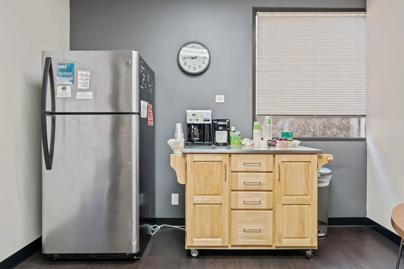 Refreshment station with refrigerator and coffee maker