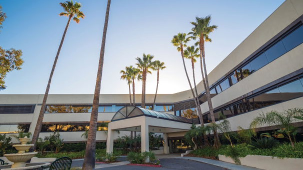 The exterior of a modern rehab facility with palm trees and greenery