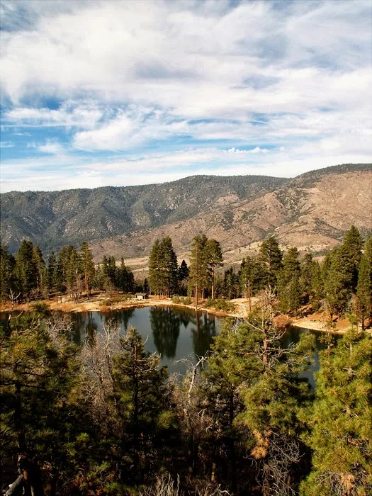 Mountain lake surrounded by pine trees and rugged hills