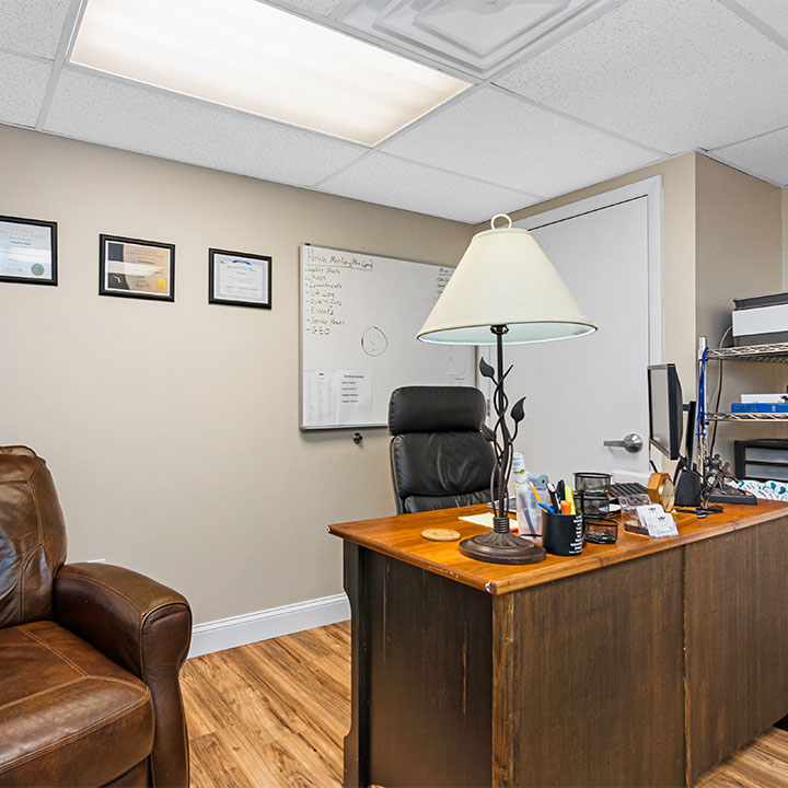 Therapy room with a couch and office setting.