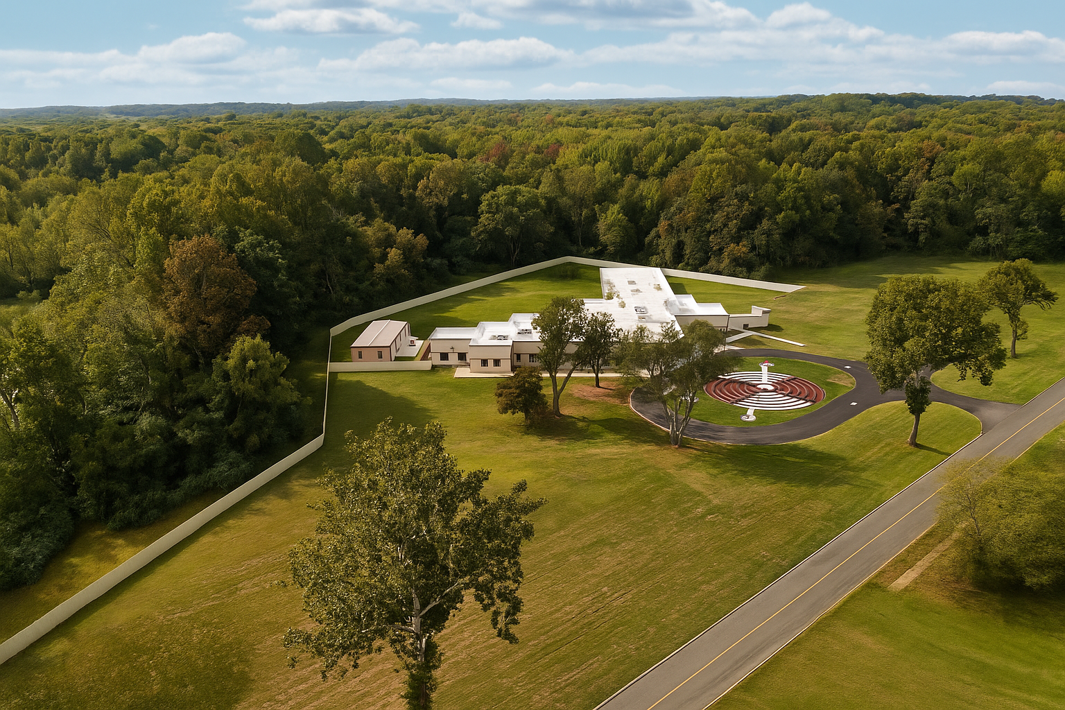 Aerial view of rehab facility surrounded by open fields and trees.