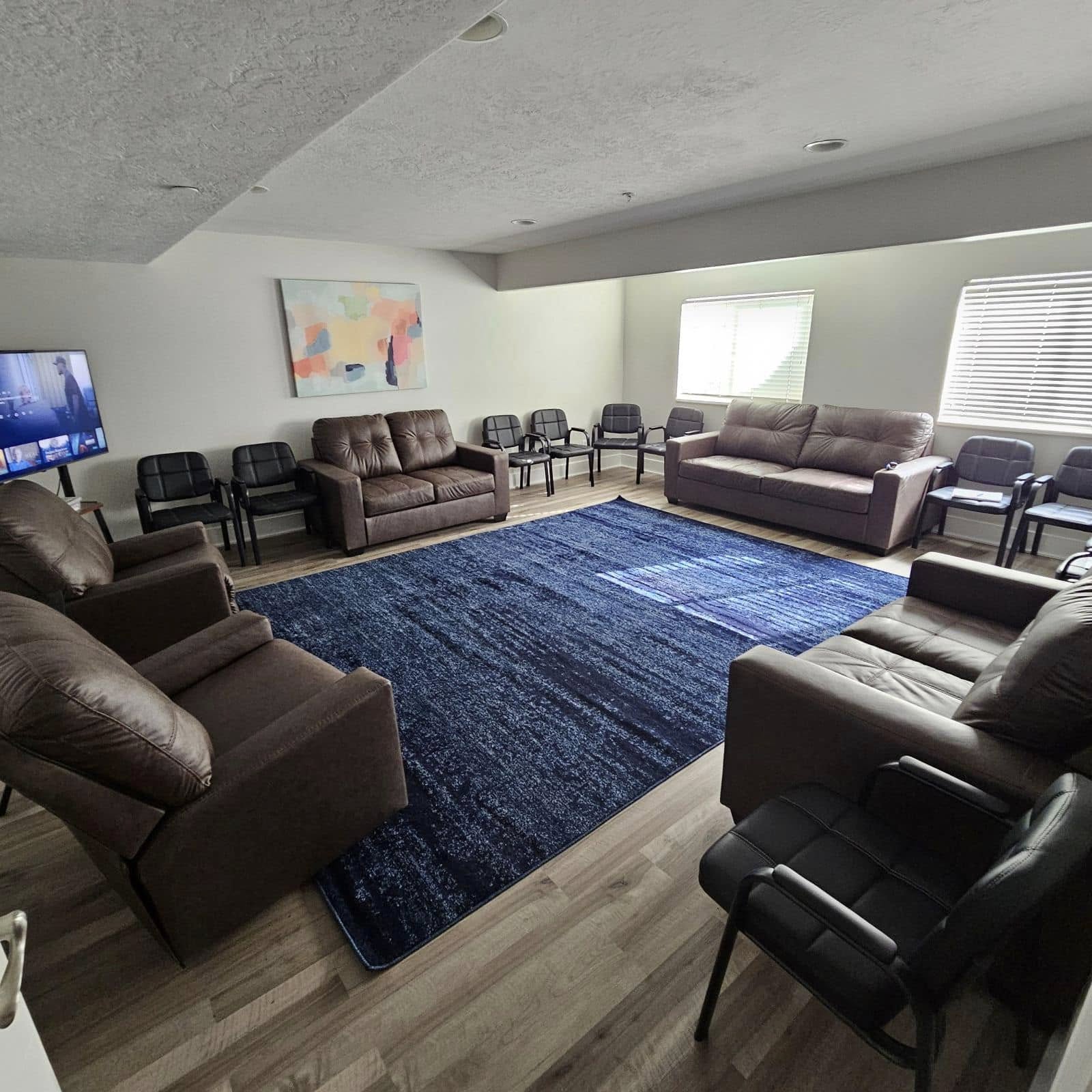Circle of brown sofas and black chairs with TV
