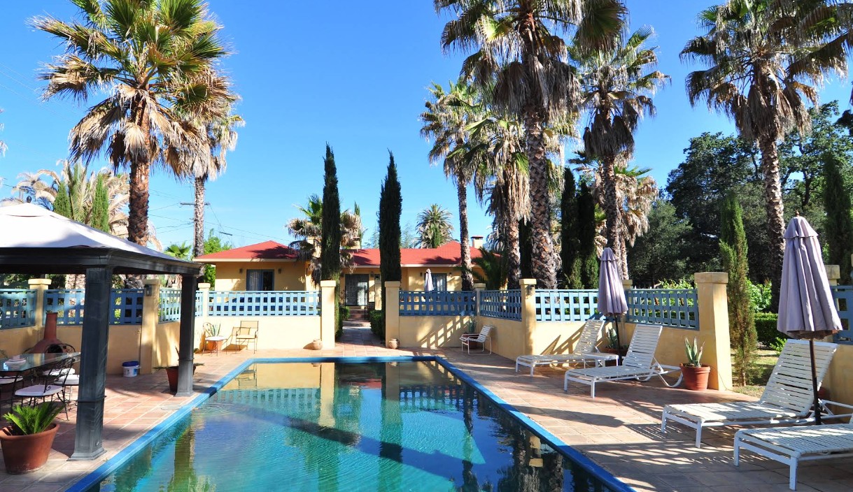 Outdoor pool with lounge chairs and tall palm trees