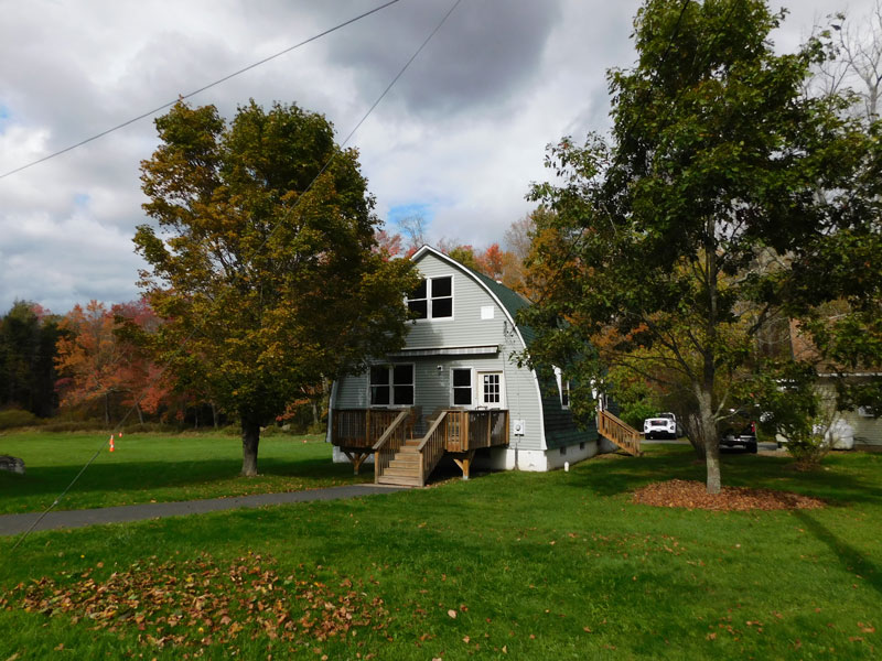 Open lawn with trees and landscaped garden area