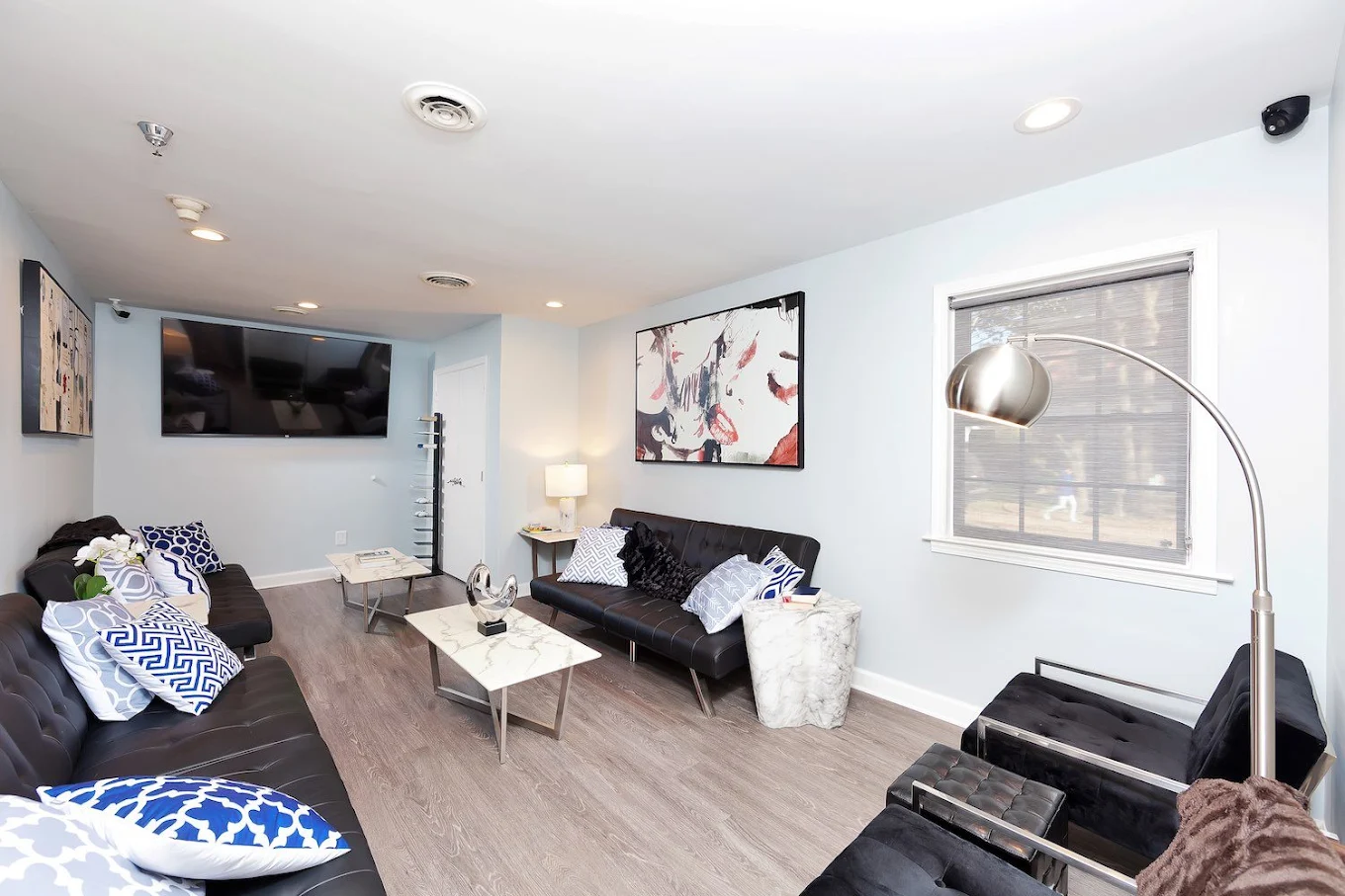 Lounge with sofas, armchairs, TV, and modern decor
