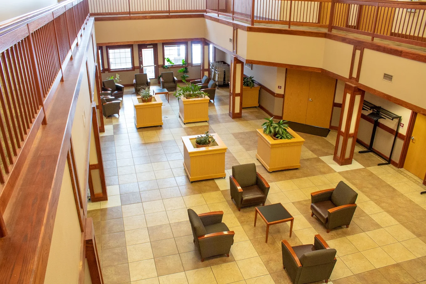 Elevated view of the facility atrium and seating areas