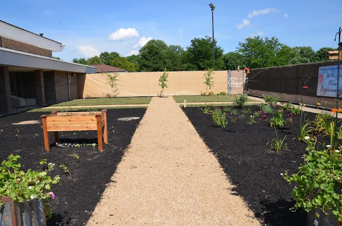 Outdoor garden with walkway and flower beds