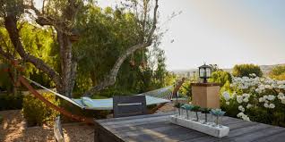 Hammock in garden with trees and outdoor seating