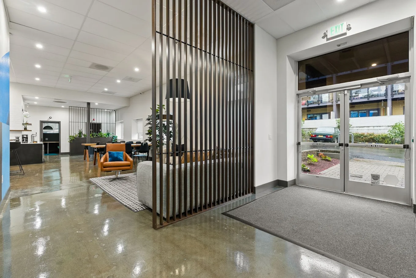 Bright lobby entrance with modern lounge seating
