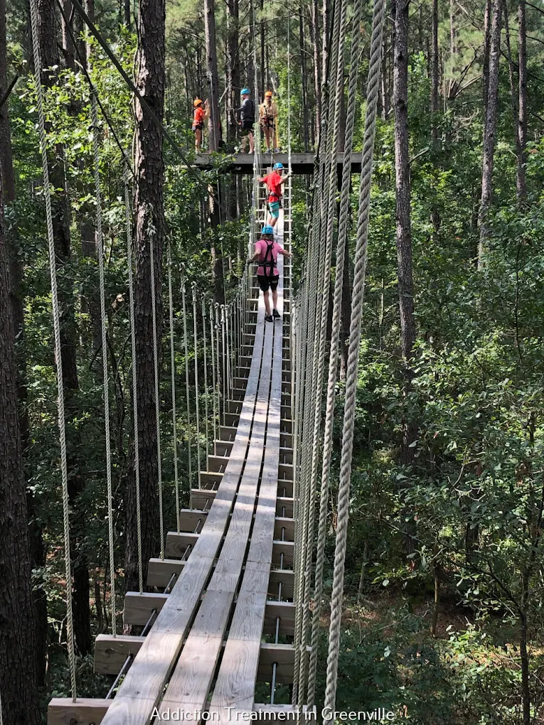People crossing rope bridge in wooded area