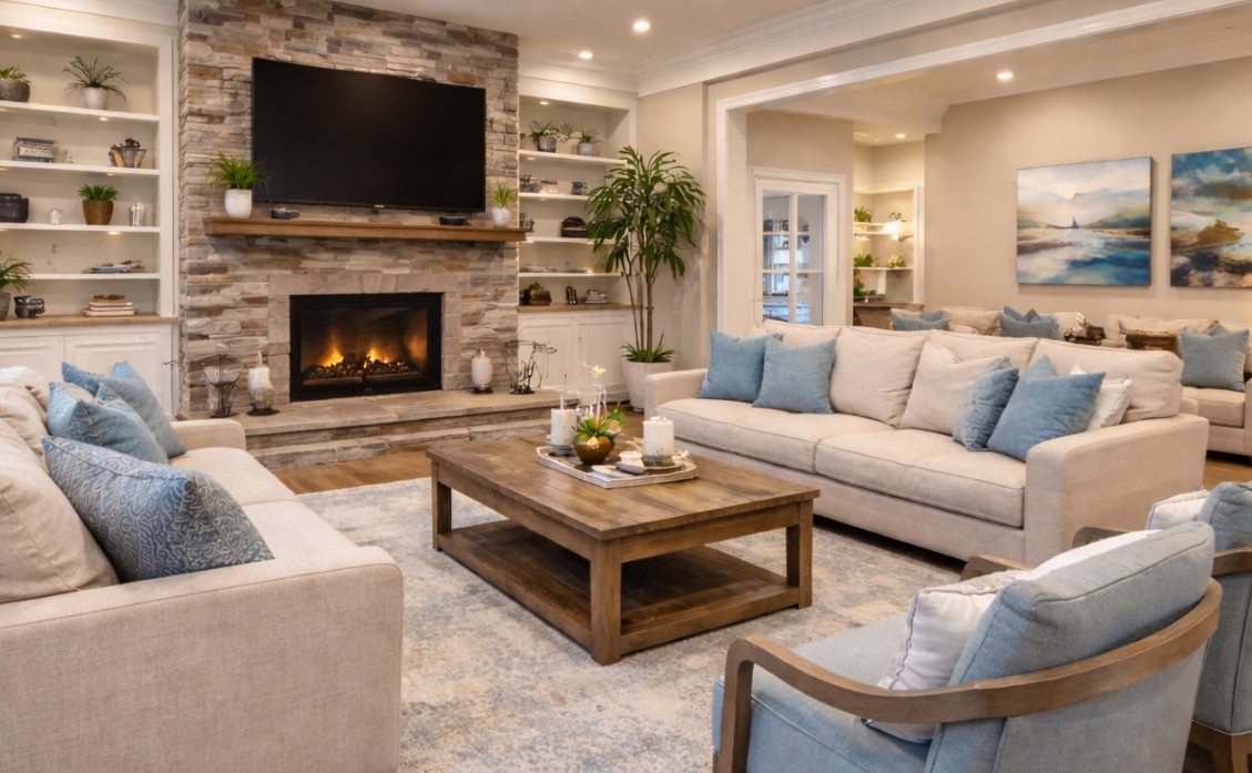 Spacious lounge with fireplace and comfortable seating