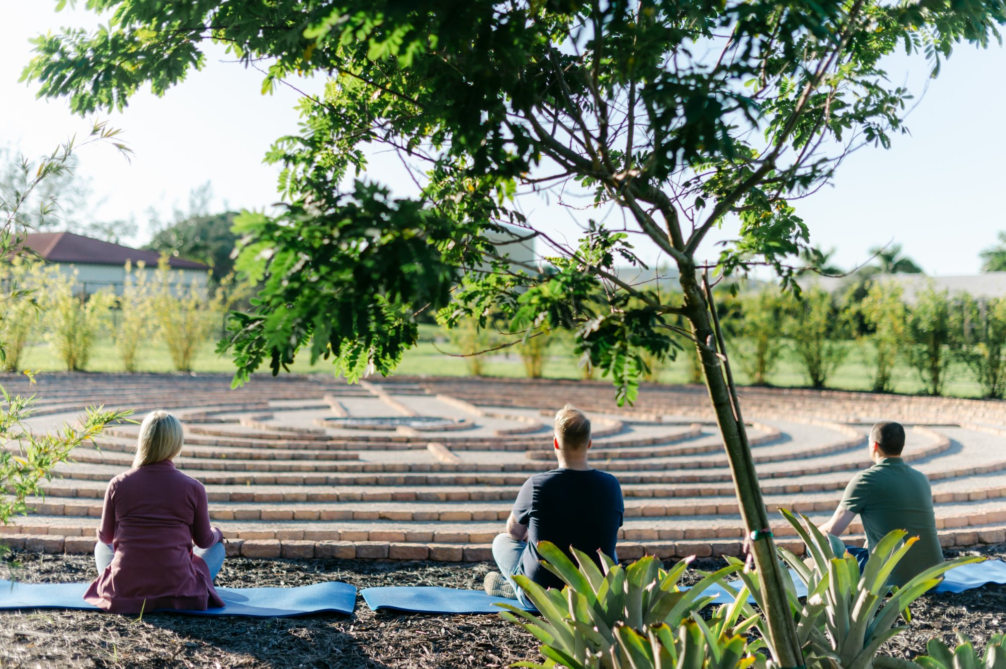 People meditating in outdoor labyrinth garden