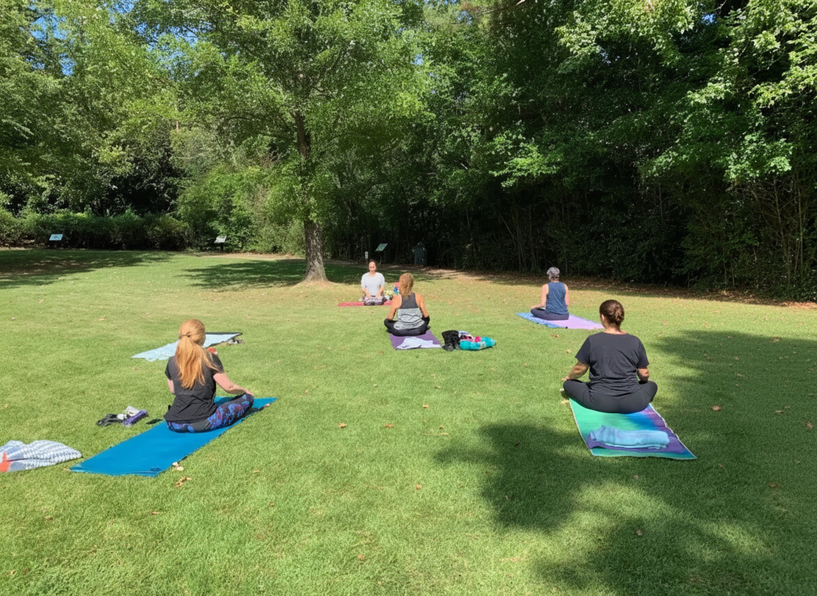 Group practicing yoga on mats in a sunny outdoor field.