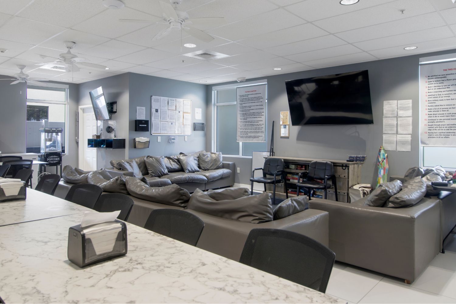 Large lounge with gray sofas and mounted flat-screen TV