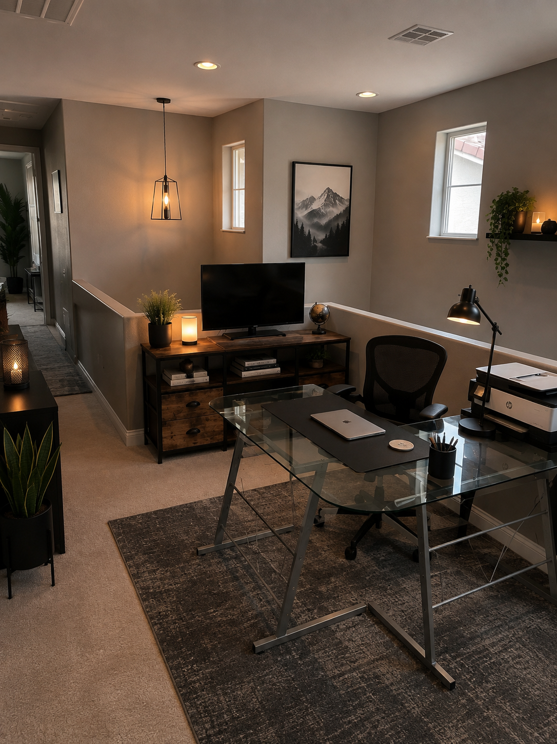 Loft workspace with glass desk, TV, and seating