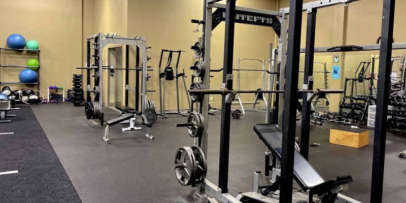 A well-equipped gym with weightlifting machines, racks, and a variety of free weights. Stability balls and exercise equipment are neatly organized.