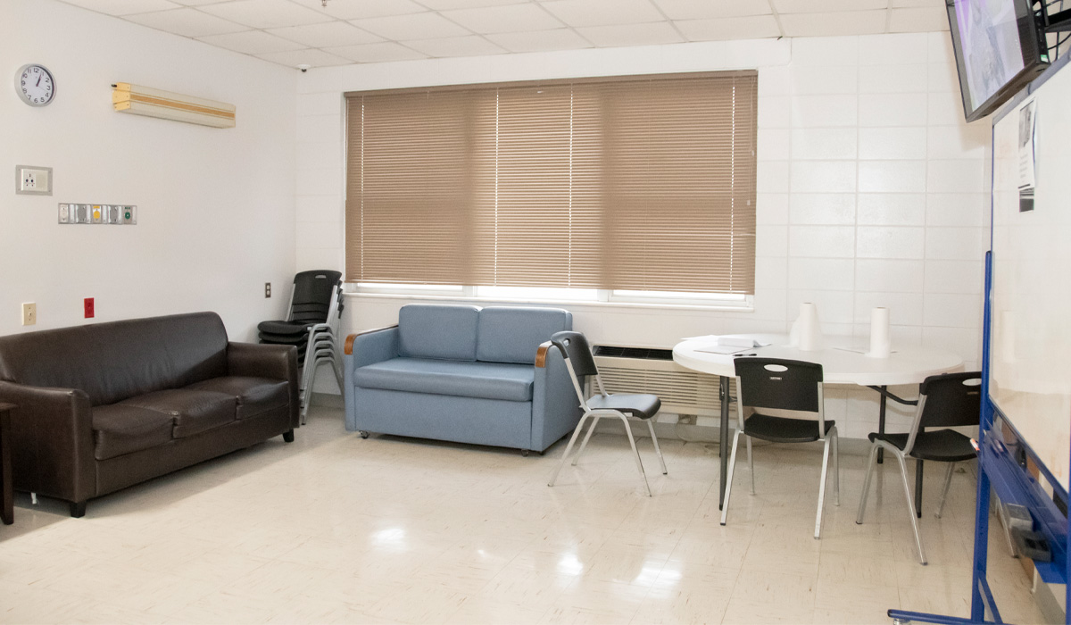 Lounge room with sofas, chairs, and wall-mounted TV.