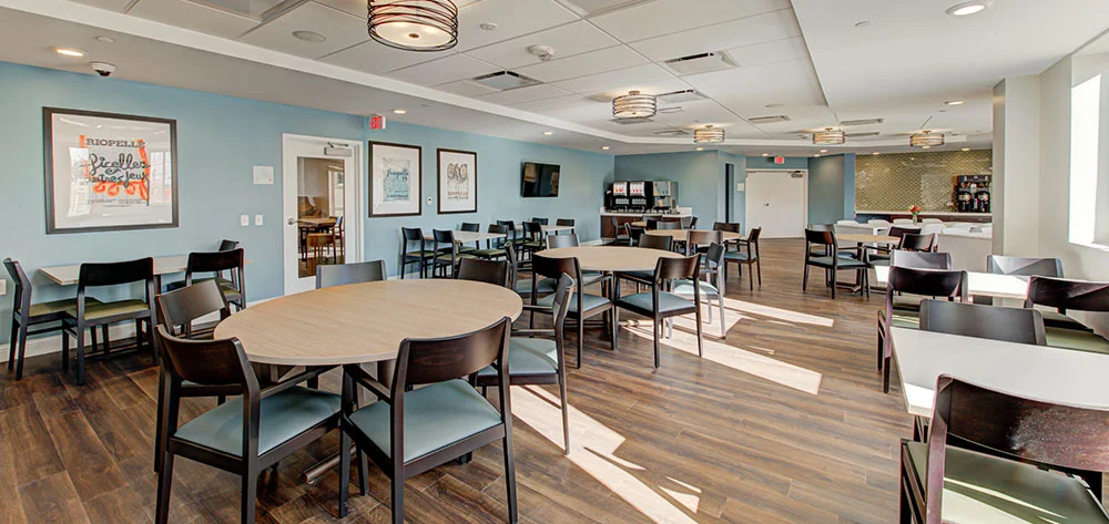 Spacious dining area with tables, chairs, and open seating