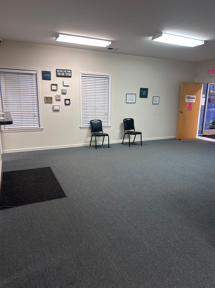 Spacious waiting area with seating for patients