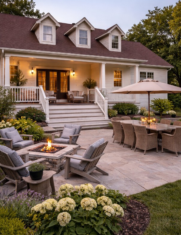 Outdoor patio with fire pit and seating at rehab home
