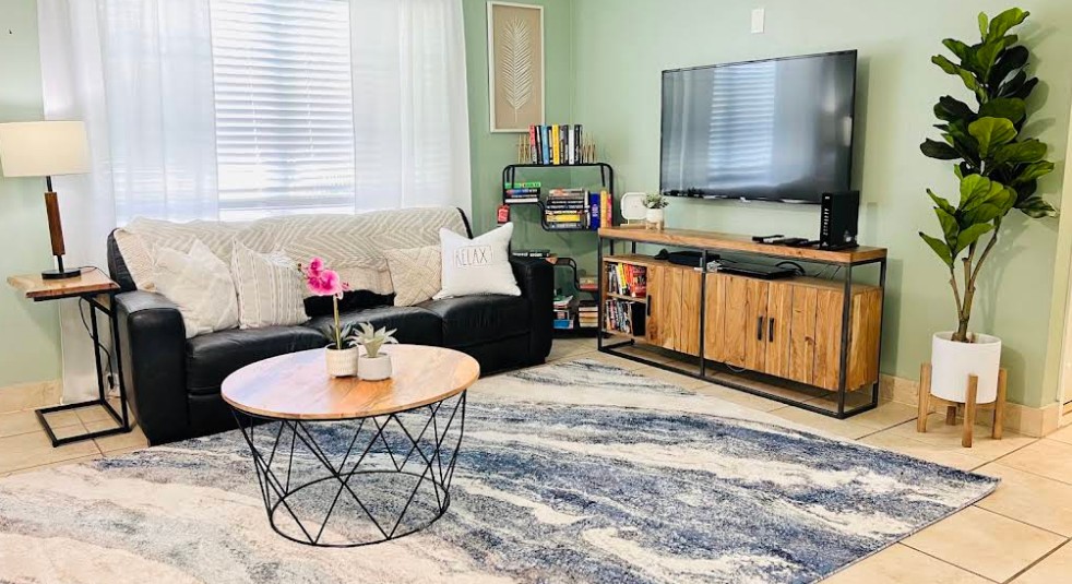 Cozy living room with sofa, TV, and reading area