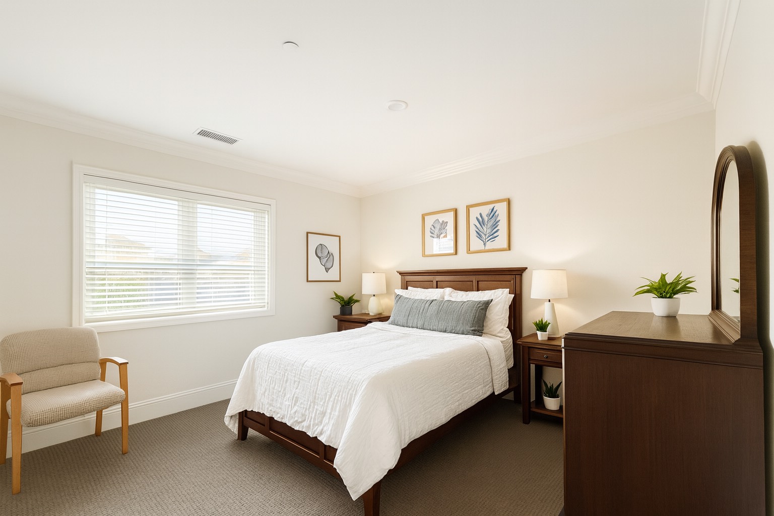 Cozy bedroom with white bedding, wood furniture, and soft natural light.
