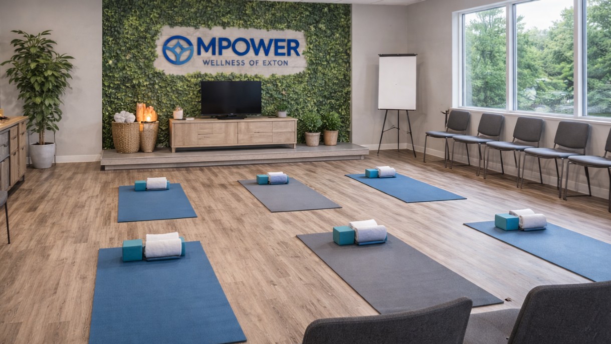 Yoga room with mats and wellness decor