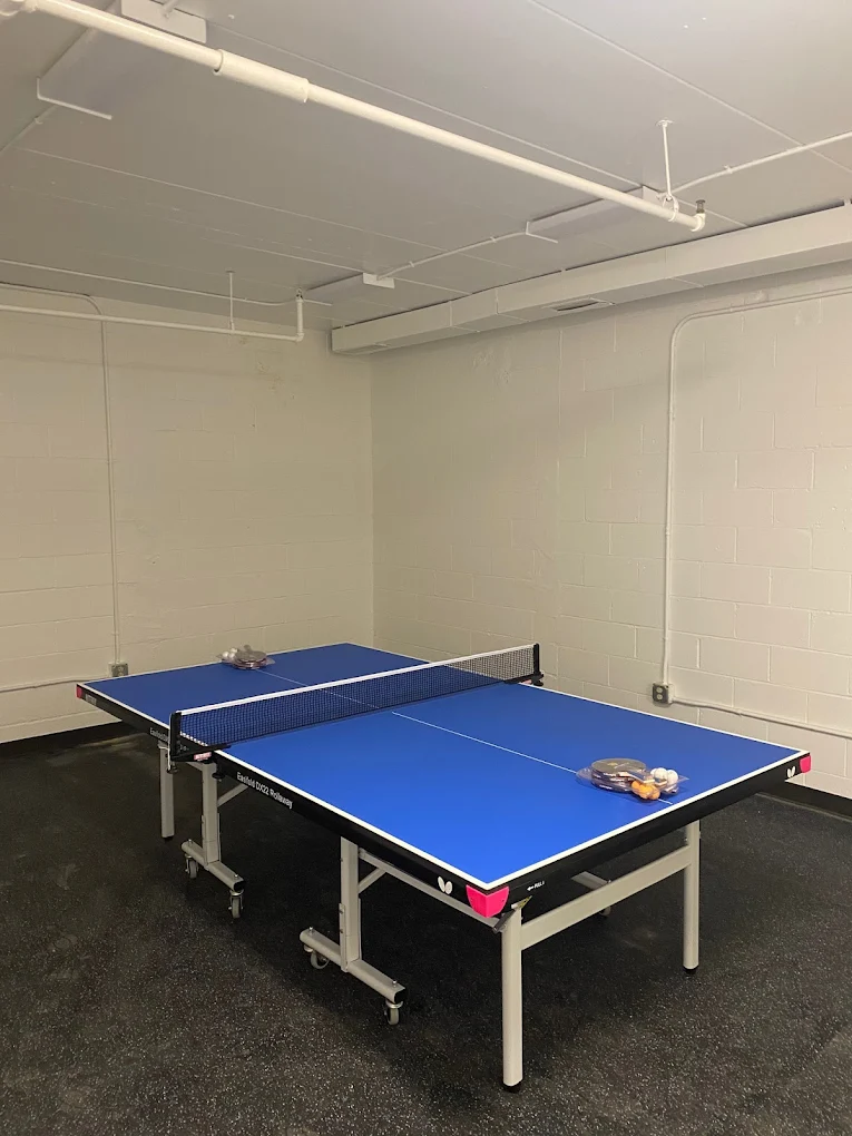 Ping pong table with paddles in recreation room