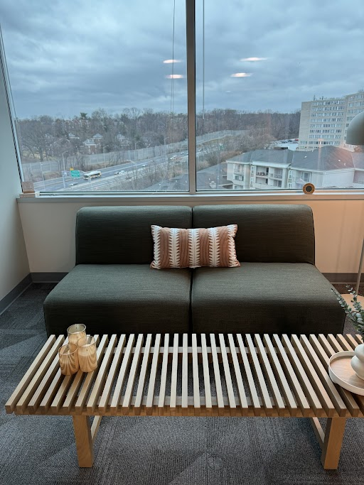 Modern lounge with a couch and cityscape view.